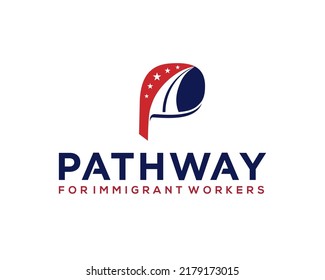 Letter P and road logo concept five star p logo america color red and dark blue