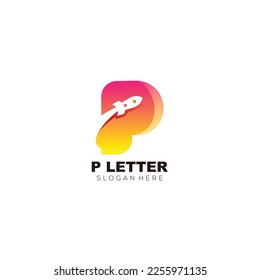 letter p with rocket logo symbol design gradient color