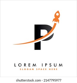 Letra P con diseño vectorial del logotipo del cohete. Carta creativa Marca adecuada para la identidad de marca de la empresa, viajes, puesta en marcha, logotipo de negocios, educación, identidad corporativa, inicial, carteles y etiquetas.