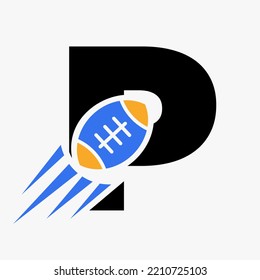 Letter P Rugby Logo Concept With Moving Rugby Ball Icon. Rugby Sports Logotype Symbol Vector Template