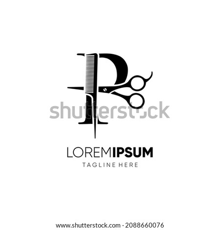 Letter P Scissors and Hair Comb Stylist Logo Design Vector Icon Graphic Emblem Illustration