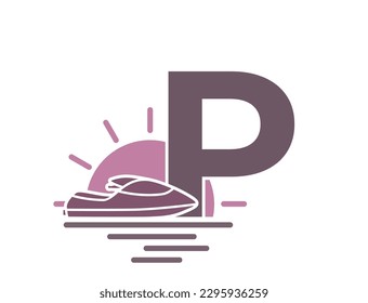 letter p with sea, sun and jet ski. vacation alphabet logo symbol. summer and exotic tourism design. isolated vector color image