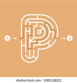 Letter P shape Maze Labyrinth, maze with one way to entrance and one way to exit. Flat design, vector illustration.