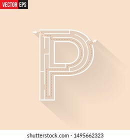 Letter P shape Maze Labyrinth, maze with one way to entrance and one way to exit. Flat design, vector illustration.