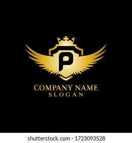 Letter P Shield, Wing and Crown gold in elegant style with black background for Business Logo Template Design, Emblem, Design concept, Creative Symbol, Icon