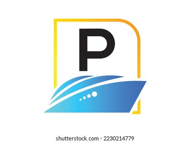 Letter P with the ship, cruise, or boat logo design template, icon sign symbol ocean waves vector illustration.