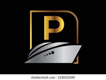 Letter P with the ship, cruise, or boat logo design template, icon sign symbol ocean waves vector illustration.