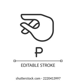 Letter P Sign In ASL Pixel Perfect Linear Icon. System Of Nonverbal Communication. Gesturing. Thin Line Illustration. Contour Symbol. Vector Outline Drawing. Editable Stroke. Arial Font Used