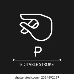 Letter P sign in ASL pixel perfect white linear icon for dark theme. System of nonverbal communication. Thin line illustration. Isolated symbol for night mode. Editable stroke. Arial font used