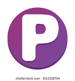 Letter P sign design template element. Vector. White icon with flat shadow on purpureus circle at white background. Isolated.