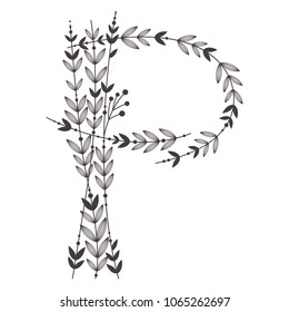 Letter P sign design template. A letter collected from branches with leaves. Black and white silhouette