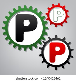 Letter P sign design template element. Vector. Three connected gears with icons at grayish background.