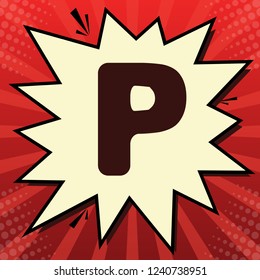 Letter P sign design template element. Vector. Dark red icon in lemon chiffon shutter bubble at red popart background with rays.