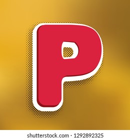 Letter P sign design template element. Vector. Magenta icon with darker shadow, white sticker and black popart shadow on golden background.