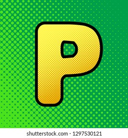 Letter P sign design template element. Vector. Pop art orange to yellow dots-gradient icon with black contour at greenish background.