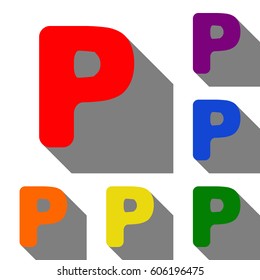 Letter P sign design template element. Set of red, orange, yellow, green, blue and violet icons at white background with flat shadow.