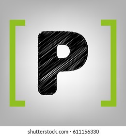 Letter P sign design template element. Vector. Black scribble icon in citron brackets on grayish background.