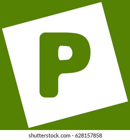 Letter P sign design template element. Vector. White icon obtained as a result of subtraction rotated square and path. Avocado background.