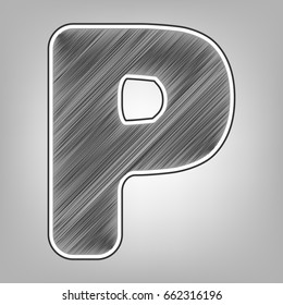 Letter P sign design template element. Vector. Pencil sketch imitation. Dark gray scribble icon with dark gray outer contour at gray background.