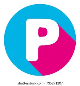 Letter P sign design template element. Vector. Flat white icon with mexican pink shadow inside sky blue(S and G) circle at white background. Isolated. Trend colors in 2017.