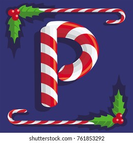 Letter P, sign of red and white sweets sweet candy cane on a blue background, illustration, vector