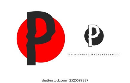 Letter P silhouette on red sun, twisting alphabet. Japanese logo for sushi roll restaurant logo, asian cultural event logotype. Vector logo and typeset