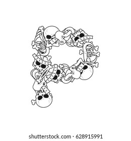 Letter P skeleton Bones Font. Anatomy of an alphabet symbol. dead ABC sign
