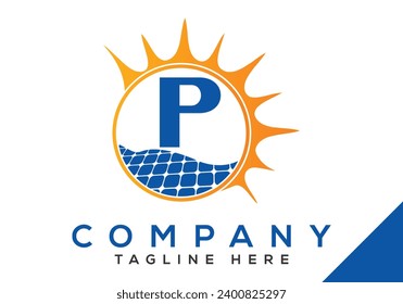 Letra P con panel solar y plantilla de vectores de diseño con logotipo de signo solar.