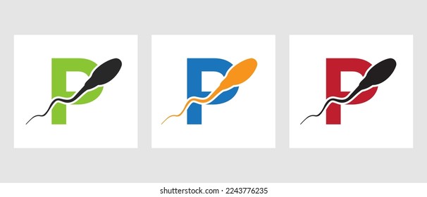 Plantilla de logotipo de celda de esperma de letra P. Sperm Bank Medical Symbol
