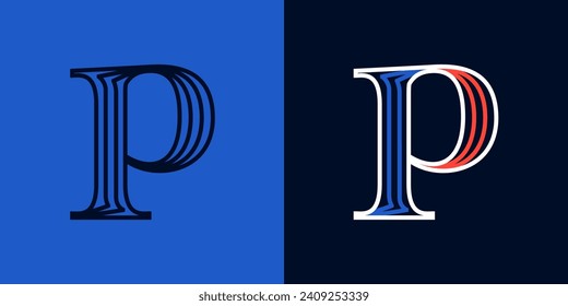 Letter P sport logo. Blue and red lines font. Patriotic emblem for Independence or Veterans Day. Serif type for college baseball team, basketball uniform, vintage style headlines, motorcycle magazine.