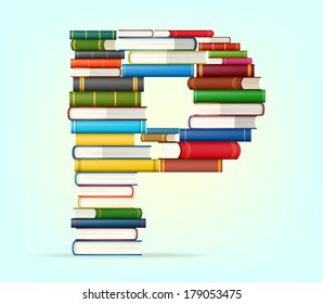 Letter P. Stacks of multi colored books vector illustration