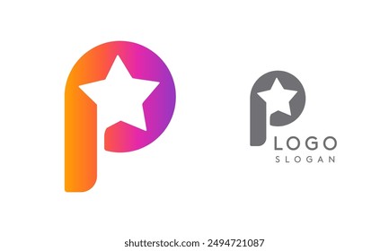 Lettre p étoile, logo en couleurs vives et en dégradé pour les moyennes, les divertissements, la technologie, les start-ups, les réseaux sociaux, la communication, les industries de marketing numérique. illustration vectorielle 
