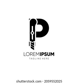 Letter P Stationery Knife or Paper Cut Logo Design Vector Graphic Icon Emblem Illustration Background Template