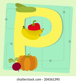 Letter "p" from stylized alphabet with fruits and vegetables: banana, cucumber, pepper, pumpkin, beet