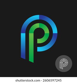Letter P stylized colorful gradient filled particles logo. Wide line 3D style symbol.