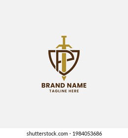 Letter P and Sword on Shield Monogram Initial Logo in White Background