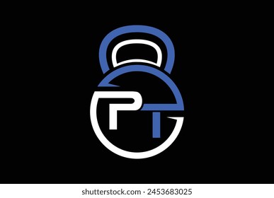 Letter P, T, PT OR TP with Kettlebell Gym, fitness logo or label. Sport, bodybuilding concept. Vector illustration