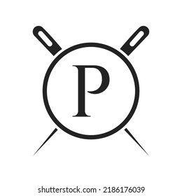 Letter P Tailor Logo, Needle and Thread Combination for Embroider, Textile, Fashion, Cloth, Fabric Template