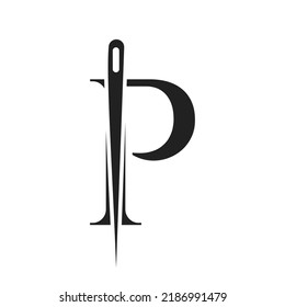 Letter P Tailor Logo, Needle and Thread Combination for Embroider, Textile, Fashion, Cloth, Fabric Template