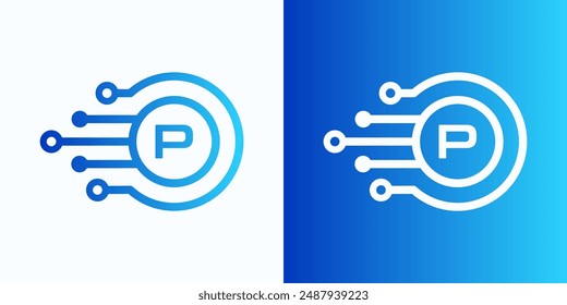 Letter P technology logo with circle and circuit board lines for digital, data, connection in blue gradient color