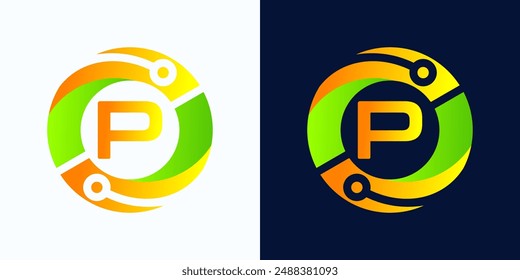 Letter P technology logo with circles and circuit board lines with letter P inside for digital, data, connection in green and orange gradient colors