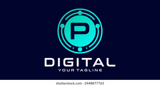 letter P technology logo. Digital font vector design for industry with circuit circles and dots, for digital, technology,data