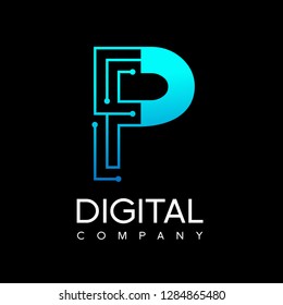 Letter P technology logo. Font digital vector design for industry with dot and blue color. Modern style with gradient. This logo is also suitable for machine business.