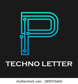 Plantilla de logotipo de la tecnología Letter p. Tecnología de punto ausente y color azul gradiente. adecuado para la industria, web, ordenador, red, aplicación, móvil, medios médicos, eléctricos, energía, etc.