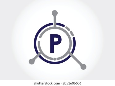 Letra P con símbolo vectorial del logotipo de tecnología. Adecuado para negocios relacionados con tecnología, Internet, computación y datos.