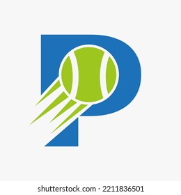 Letter P Tennis Logo Concept With Moving Tennis Ball Icon. Tennis Sports Logotype Symbol Vector Template