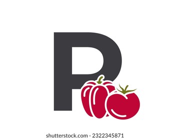letter p with tomato and bell pepper. vegetable alphabet logo symbol. harvest and agriculture design. isolated vector color image