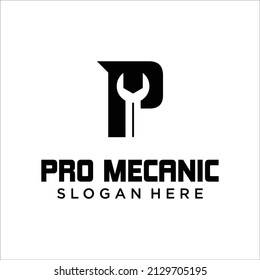 letter P with Tools vector wrench icon. Spanner logo design element. Key tool isolated on white background