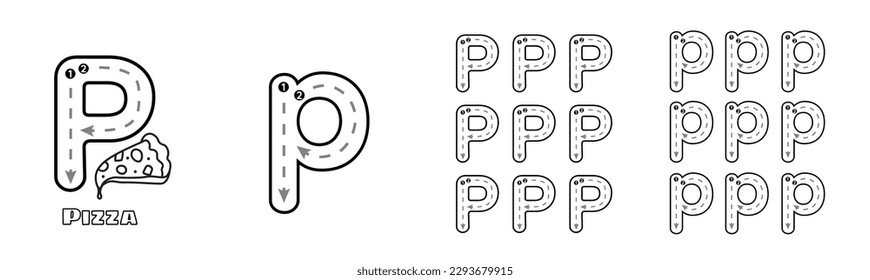 Letter P trace uppercase and lowercase ABC alphabet worksheet for kids English vocabulary. Handwriting tracing practice vector illustration. svg