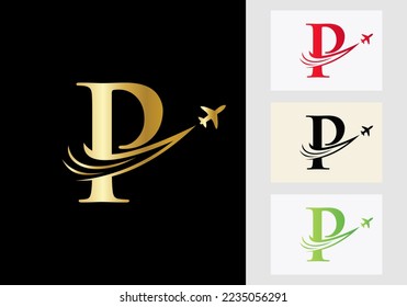 Letter P Travel Logo Concept With Flying Air Plane Symbol